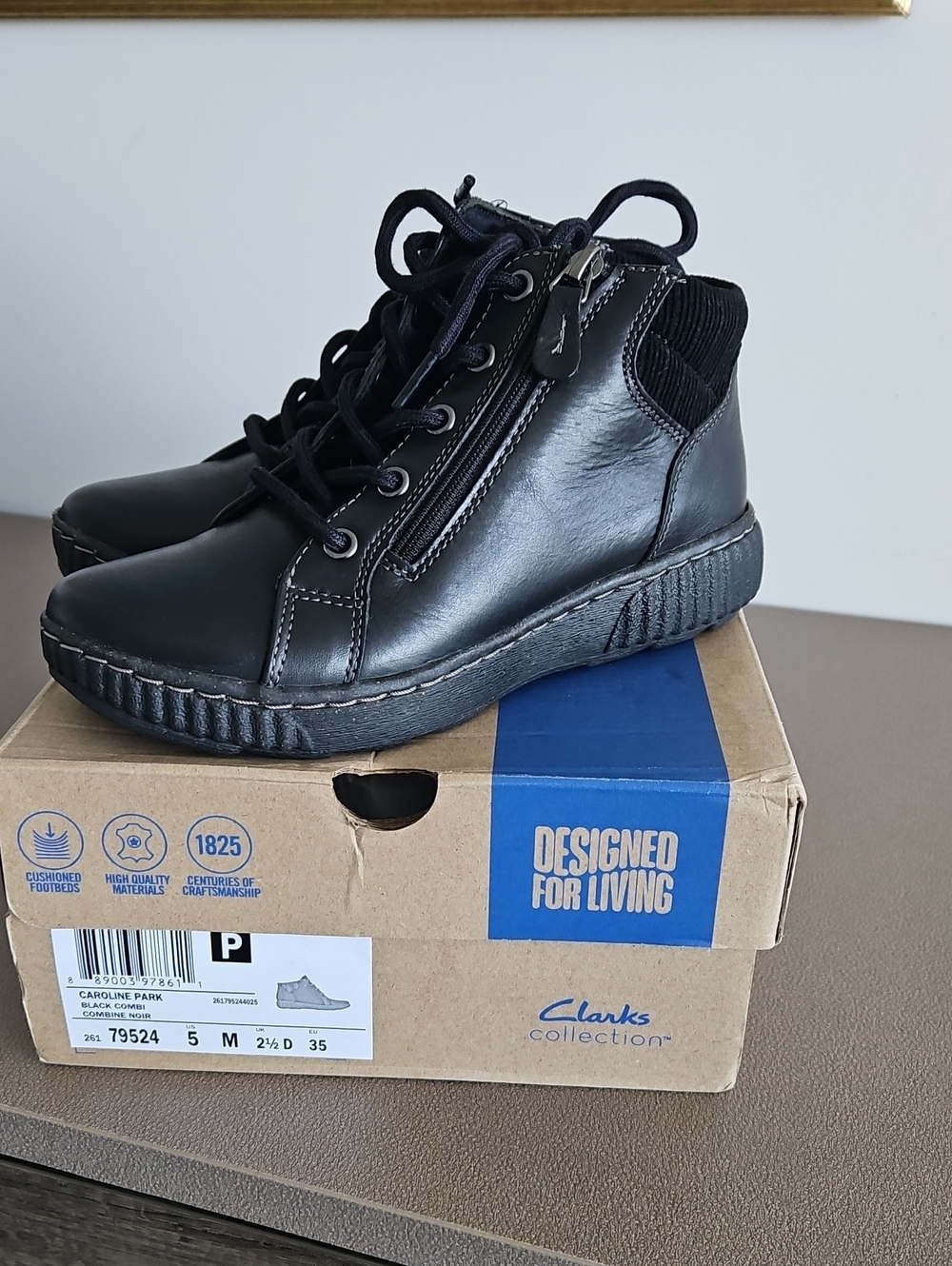 Clarks Black Leather Women's Lace-Up Ankle Boots with Side Zip
